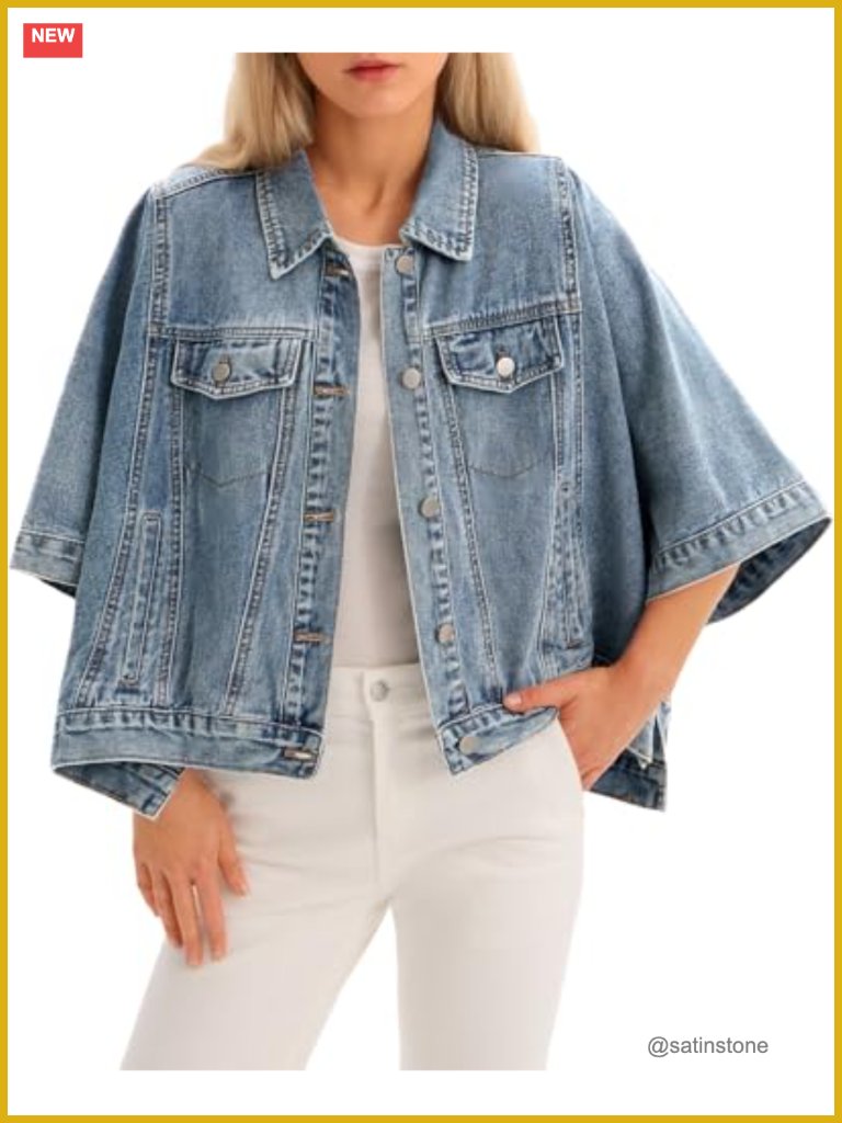 Oversized Cropped Cape Denim Jacket With Pockets